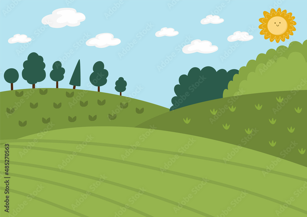 Vector farm landscape illustration. Rural village scene with hills, forest, trees, sun. Cute spring or summer horizontal nature background. Country field picture for kids.