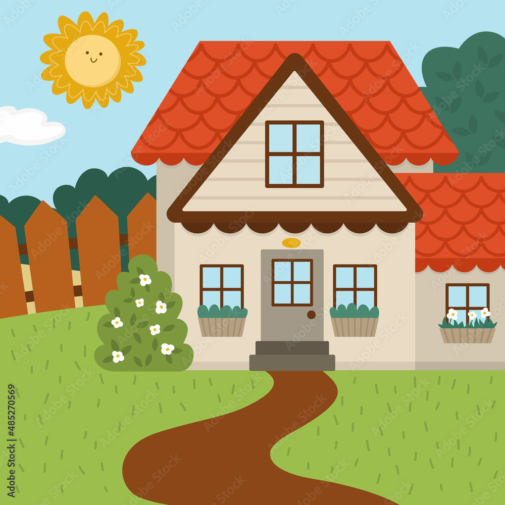 Fototapeta premium Vector farm or garden landscape illustration. Rural village scene with country house, fence, forest. Cute spring or summer square nature background with cottage. Country field picture for kids.