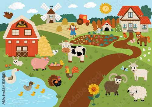 Vector farm landscape illustration. Rural village scene with animals  barn  country house. Cute spring or summer nature background with pond  meadow  garden. Detailed country field picture for kids.