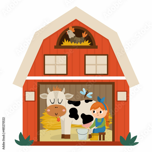Vector barn icon with girl milking cow inside isolated on white background. Flat farm shed illustration. Cute red woodshed with windows and hen in the nest. Rural or garden outhouse picture.
