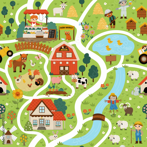 Farm village map seamless pattern. Country life repeat background. Vector digital paper with rural area scenes, animals, children, barn, tractor. Countryside plan with field, pasture, apiary, cottage