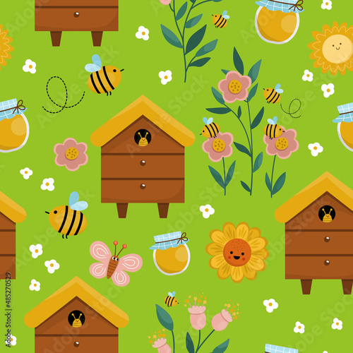 Vector apiary seamless pattern. Farm honey making repeat background. Cute beekeeping digital paper with beehive, flowers, sunflower, flowers, jar, butterfly, sun. Bee house texture..
