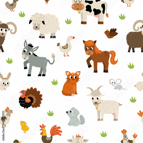 Vector seamless pattern with farm animals and birds. Repeat background with cow, horse, goat, sheep, duck, hen, pig. Rural countryside themed nature digital paper.