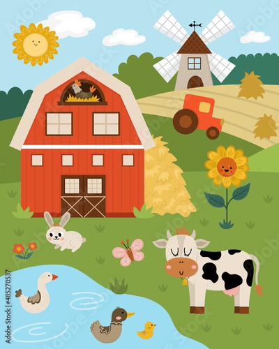 Vector farm landscape illustration. Rural village scene with animals, barn, tractor. Cute spring or summer nature background with pond, meadow, cow. Country field card for kids.