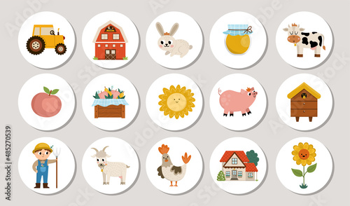 Cute farm round cards set with tractor, barn, farmer, cow. Vector country village highlight icons animals, birds, fruit, honey, sunflower. Countryside design for tags, ads, social media, local market.