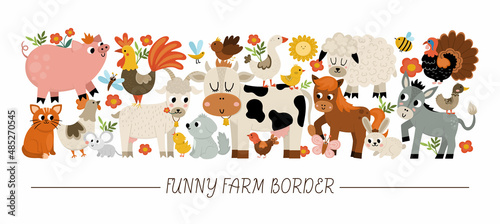 Vector horizontal border set with cute farm animals, birds, insects. Rural card template design with country characters. Cute countryside border with cow, hen, pig, goat, sheep, horse. © Lexi Claus