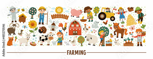 Vector farm horizontal set with farmers and animals. Rural country card template or local market design for banners, invitations. Cute countryside illustration with barn, cow, tractor, pig, hen © Lexi Claus