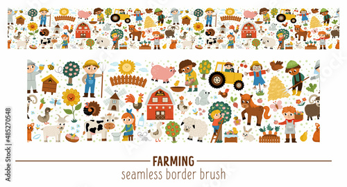 Vector farm seamless border brush with farmers and animals. Rural country or local market horizontal repeat background. Cute countryside illustration with barn, cow, tractor, pig, hen, flower. © Lexi Claus