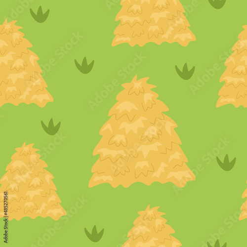 Vector seamless pattern with yellow hay stacks. Vector mown field grass repeat background. Farm pasture digital paper. Straw heap texture on green backdrop