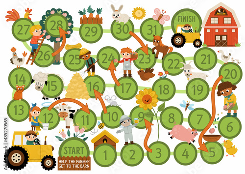Farm dice board game for children with cute animals and kids farmers. Countryside boardgame with tractor, animals.  Rural country printable activity or worksheet. Help the farmer get to the barn.
