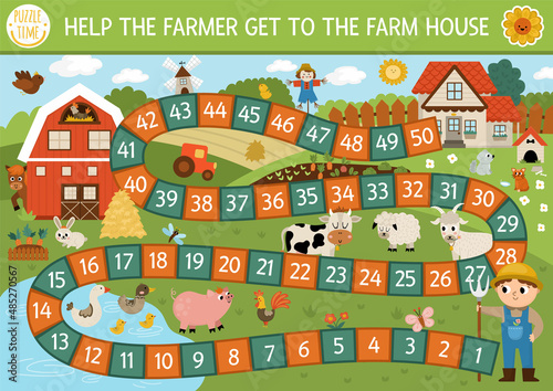 Farm dice board game for children with village landscape. Countryside boardgame with barn, garden.  Rural country activity or printable worksheet for kids. Help the farmer get to the farm house.