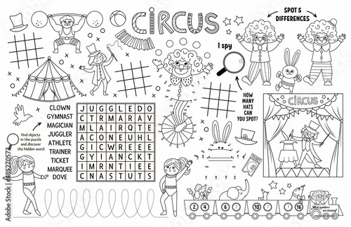 Vector circus placemat for kids. Amusement show printable activity mat with maze  tic tac toe charts  connect the dots  find difference. Black and white play mat or coloring page with clown.