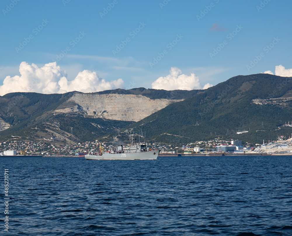 A merchant ship in the bay of the city of Novorossiysk on a raid in the summer