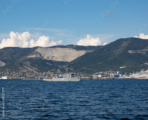 A merchant ship in the bay of the city of Novorossiysk on a raid in the summer