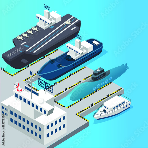 Battleship standing by on port isometric 3d vector illustration concept banner, website, landing page, ads, flyer template