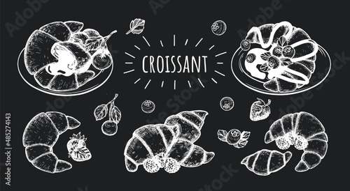 croissants doodle vector sketch on black background. croissants on plate vector drawing. croissants with chocolate cream vector line. menu doodle vector art eps