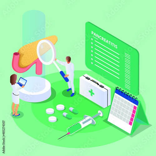 Doctors looking through a magnifying glass at pancreas to treat pancreatitis isometric 3d vector illustration concept banner, website, landing page, ads, flyer template