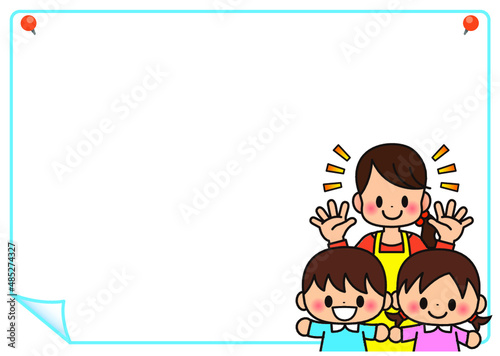 フレーム,誕生日,子供,保育士,幼稚園,保育園,保母さん,学校,小学校,小学生,元気,かわいい,笑顔,友達,遊ぶ,ばんざい,可愛い,ともだち