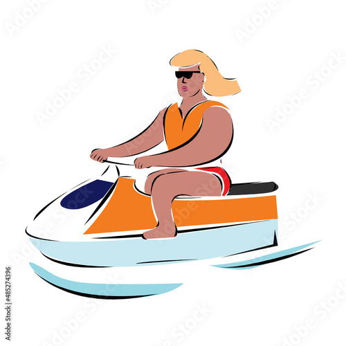 Vector illustration of water scooter isolated on white background. Jet boat in flat style. Active sport and amusement. Young beautiful girl riding a water scooter. Jet scooter. Fit woman in sunglasses