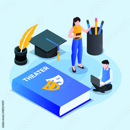 College student learning theater isometric 3d vector illustration concept banner, website, landing page, ads, flyer template