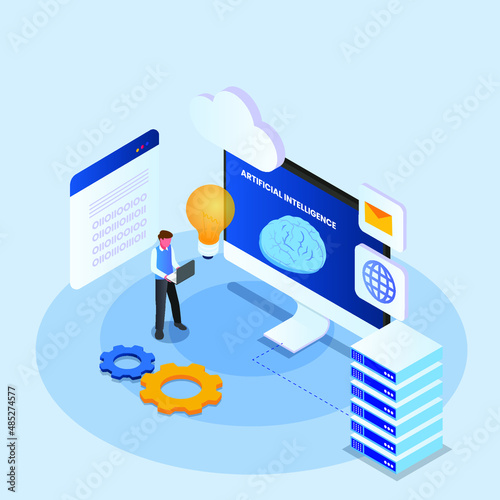 Artificial intelligence coding isometric 3d vector illustration concept banner, website, landing page, ads, flyer template