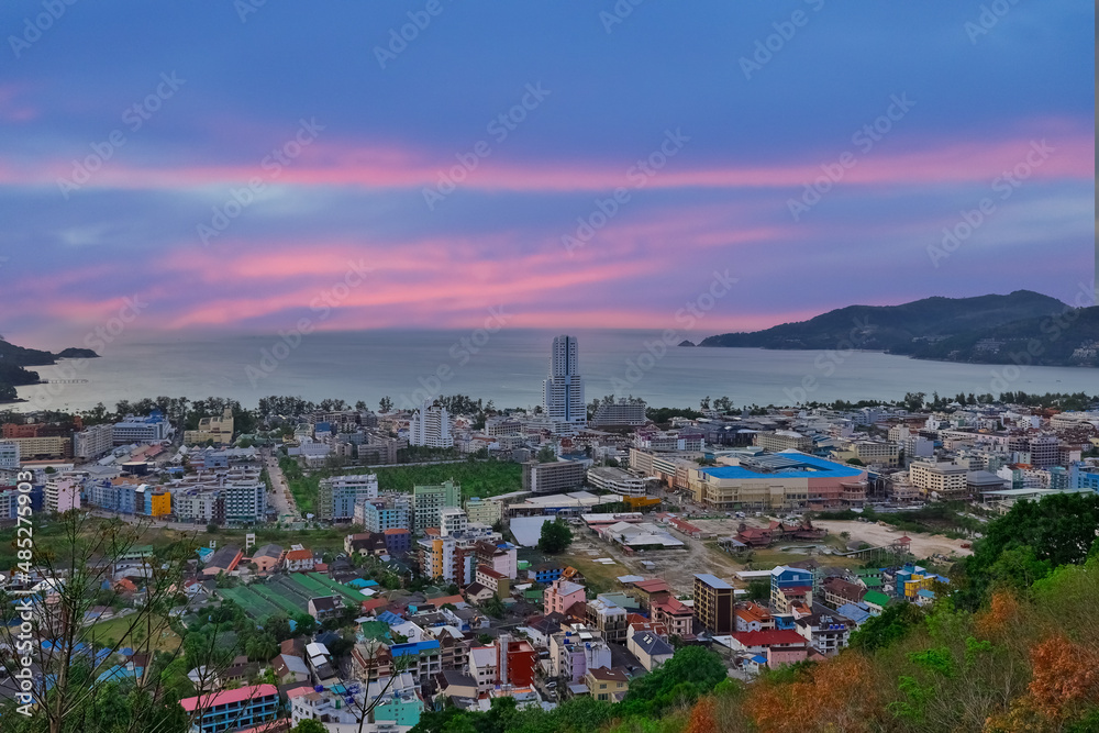 Colourful Sunset Patong Beach lovely vibrant orange, pink and Blue colours Phuket Thailand Thai 
