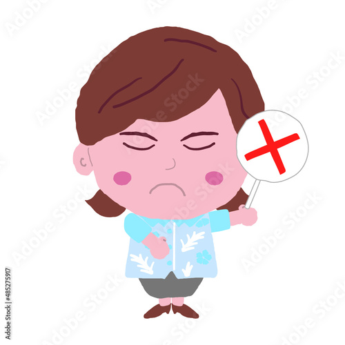 バツ札を持つ沖縄のかりゆしウェアを着た女性　イラスト素材