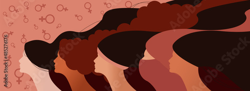 International Women's Day. Vector illustration of five happy smiling diverse women standing together.
