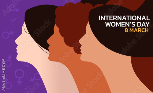 International Women's Day. Vector illustration of five happy smiling diverse women standing together.