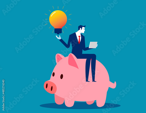 Person on piggy bank and finding idea. Develop project plan and strategy