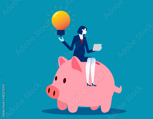Person on piggy bank and finding idea. Develop project plan and strategy