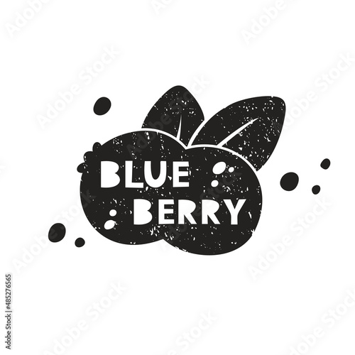 Blueberry grunge sticker. Black texture silhouette with lettering inside. Imitation of stamp, print with scuffs. Hand drawn isolated illustration on white background