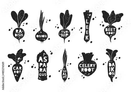 Vegetable and root crops, grunge stickers set. Radish, onion, turnip, beet, leek, carrot, daikon, asparagus, shallot, celery. Black texture silhouette, lettering inside. Imitation of stamp with scuffs