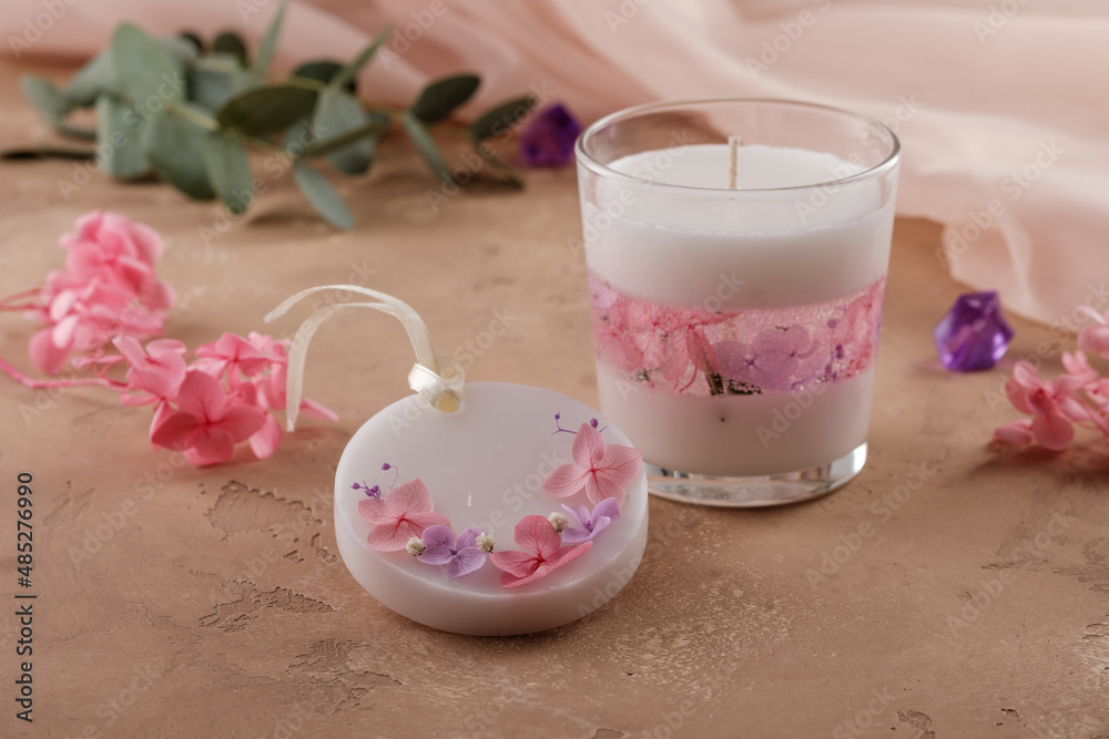 Candle and sachet with green eucalyptus and Hydrangea flower Decoration 