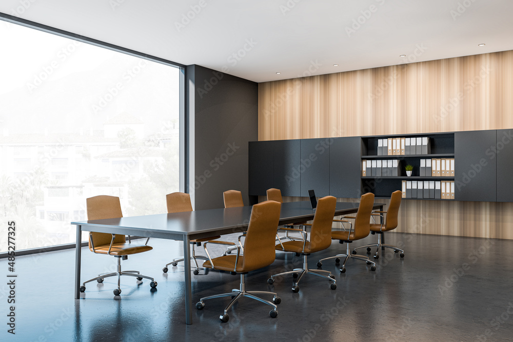 Fototapeta premium Corner view on dark office room interior with panoramic window