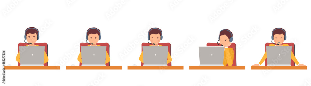 Man hotline operator in headphones with different emotions, call center. Support employee talking with customers. Man hotline operator in headphones with different emotions, call center. Support employee talking with customers.