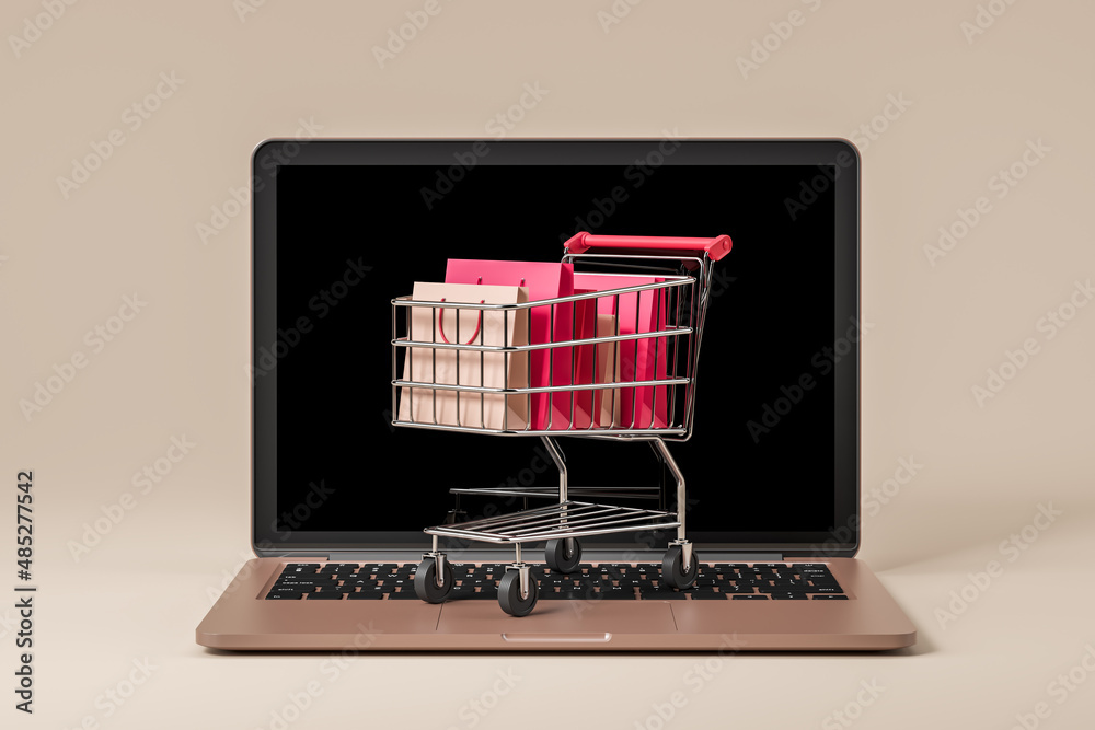 Laptop and cart with packages, online shopping and delivery Laptop and cart with packages, online shopping and delivery