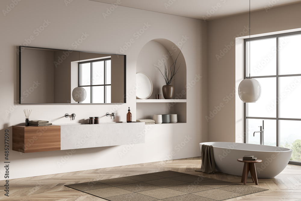Fototapeta premium Modern bathroom interior with ceramic bathtub, double sink, mirror. White walls, hardwood flooring. Panoramic window. 3d rendering.