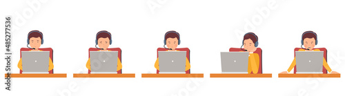 Man hotline operator in headphones with different emotions, call center. Support employee talking with customers.