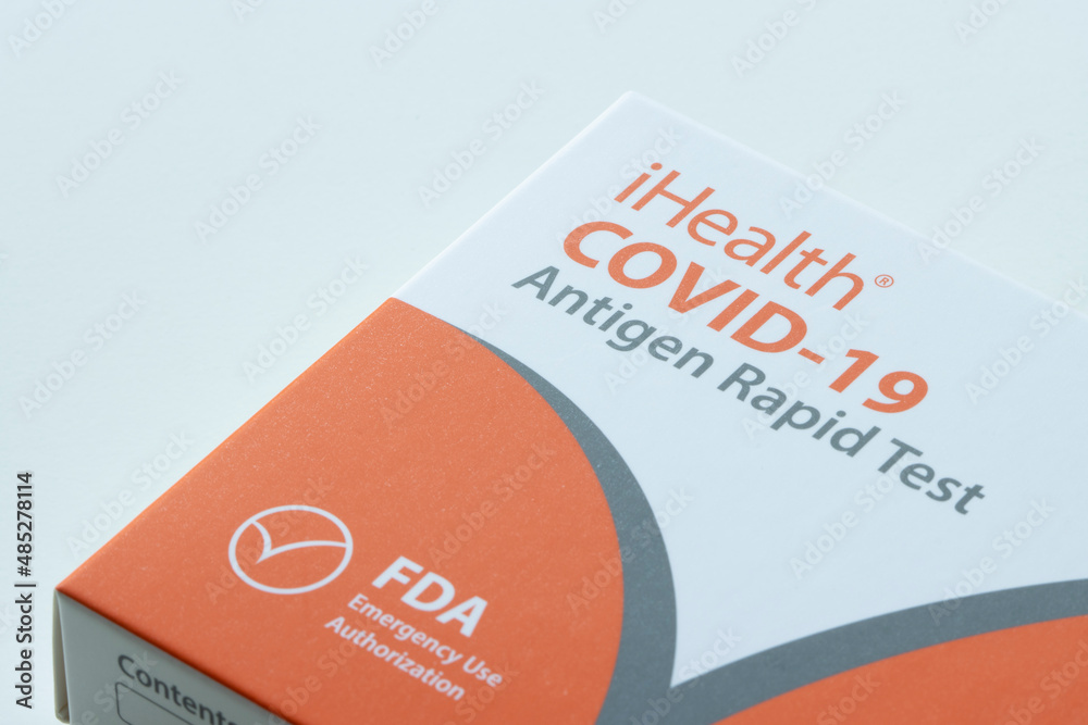Portland, OR, USA Feb 5, 2022 Closeup of an iHealth COVID19 Antigen rapid test kit ordered