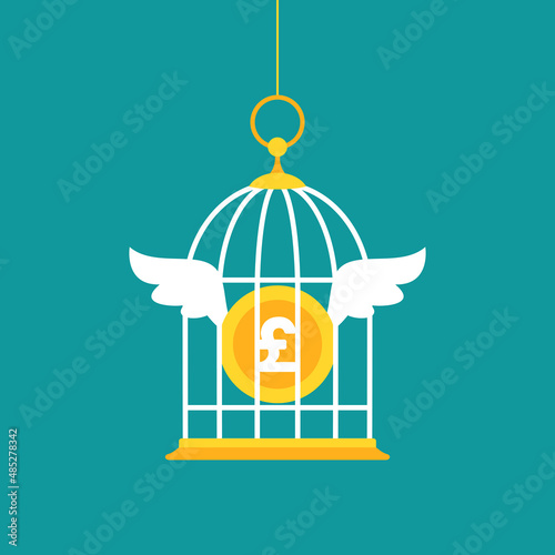 Locked golden bird cage and golden pound sterling coin with wings. Trap, imprisonment, jail concept. Limitation of investment concept.