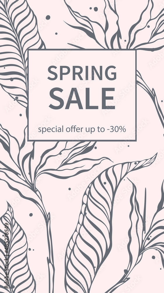 Spring sale with botany. Suitable for marketing promotions, stories, post and web internet ads. Vector illustration.