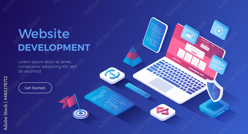 Website Development Programming Coding. Design, user experience UX, user interface UI. Website layout elements, photo, video, program code, site wireframe. Isometric landing page. Vector web banner.