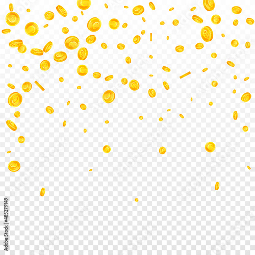 European Union Euro coins falling. Ecstatic scattered EUR coins. Europe money. Outstanding jackpot, wealth or success concept. Vector illustration.