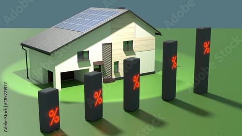 3d Illustration. Growing boxes with a percentage symbol on a house background 