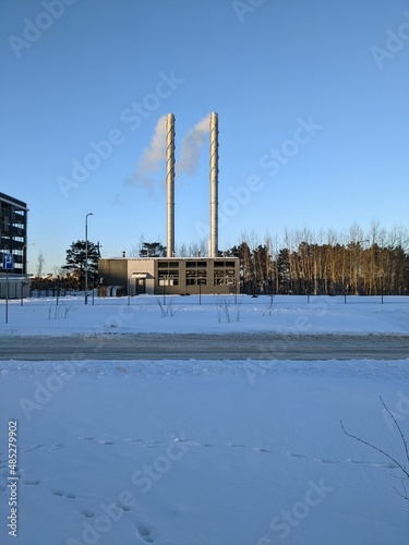 thermo electric power station in the winter view