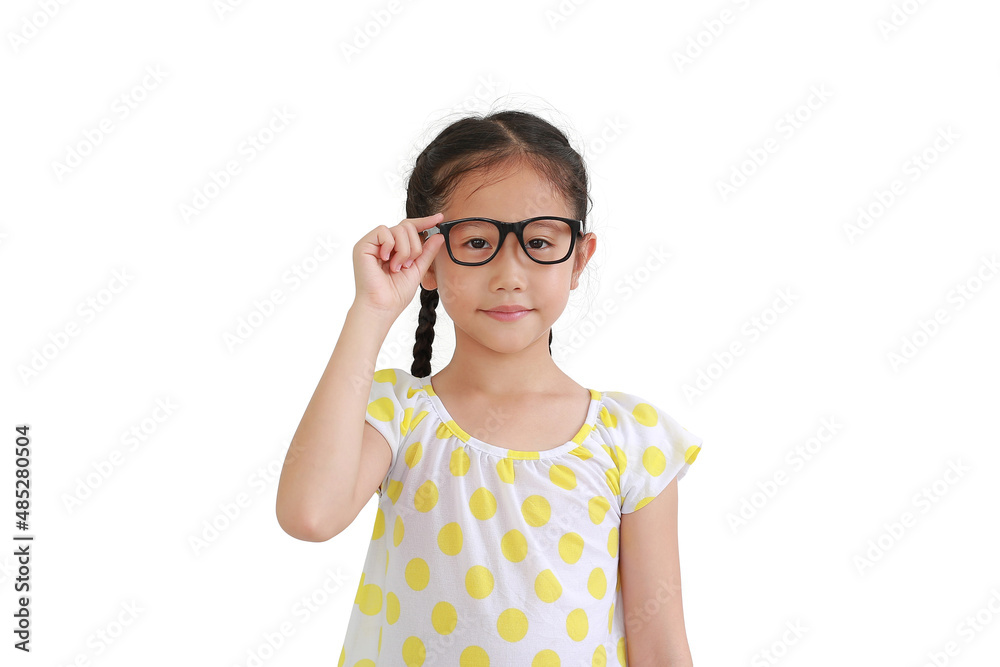Portrait of smiling asian little girl child wearing glasses isolated on white background Portrait of smiling asian little girl child wearing glasses isolated on white background