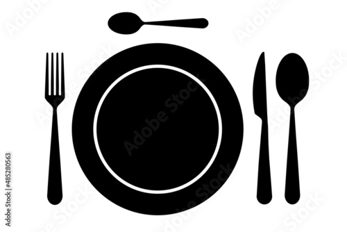 Plate and cutlery, symbol for menu, snack or restaurant, black icons isolated on white background