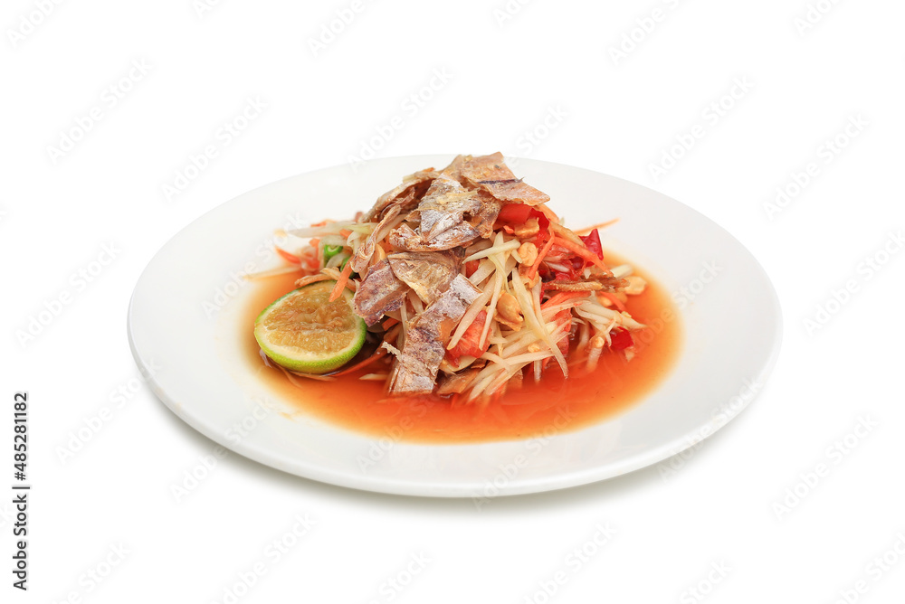 Dried Squid papaya salad in dish isolated on white background. Image with Clipping path.