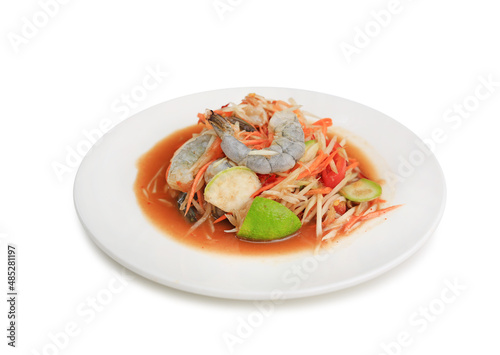 Shrimp papaya salad in dish isolated on white background. Image with Clipping path.